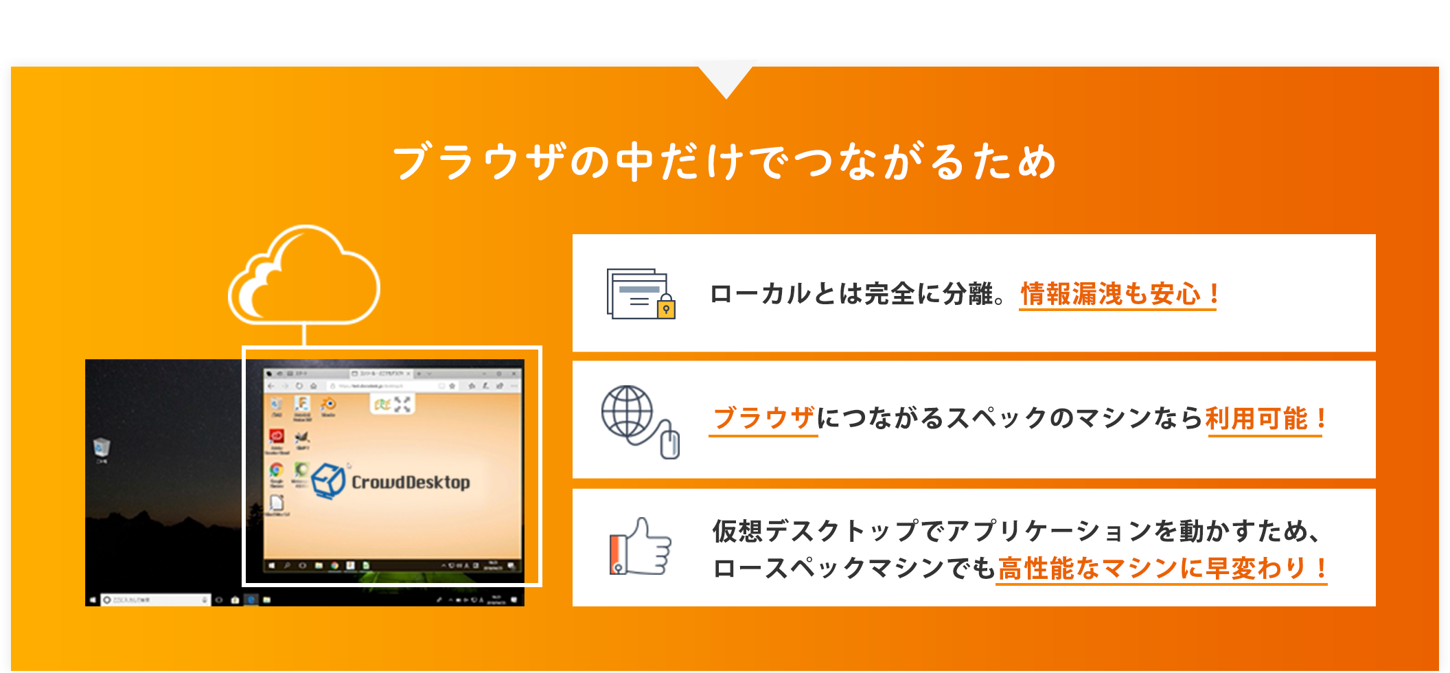 ブラウザの中だけでつながるため...・ローカルとは完全に分離。情報漏洩も安⼼！・ブラウザにつながるスペックのマシンなら利⽤可能！・仮想デスクトップでアプリケーションを動かすため、　ロースペックマシンでも⾼性能なマシンに早変わり！