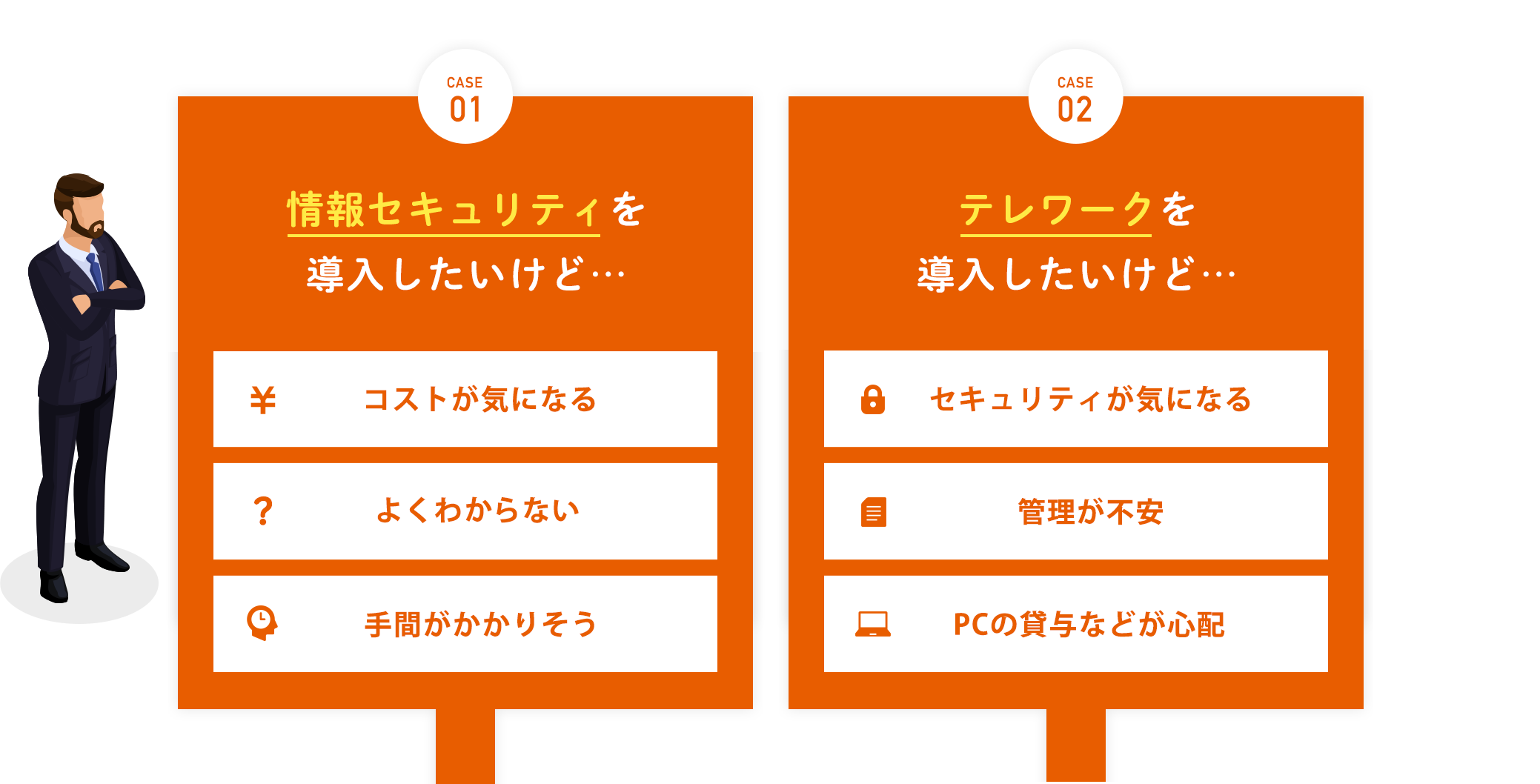 CASE1　情報セキュリティを導⼊したいけど…。コストが気になる。よくわらない。⼿間がかかりそう。CASE2 テレワークを導⼊したいけど…。セキュリティが気になる。管理が不安。PCの貸与などが⼼配。